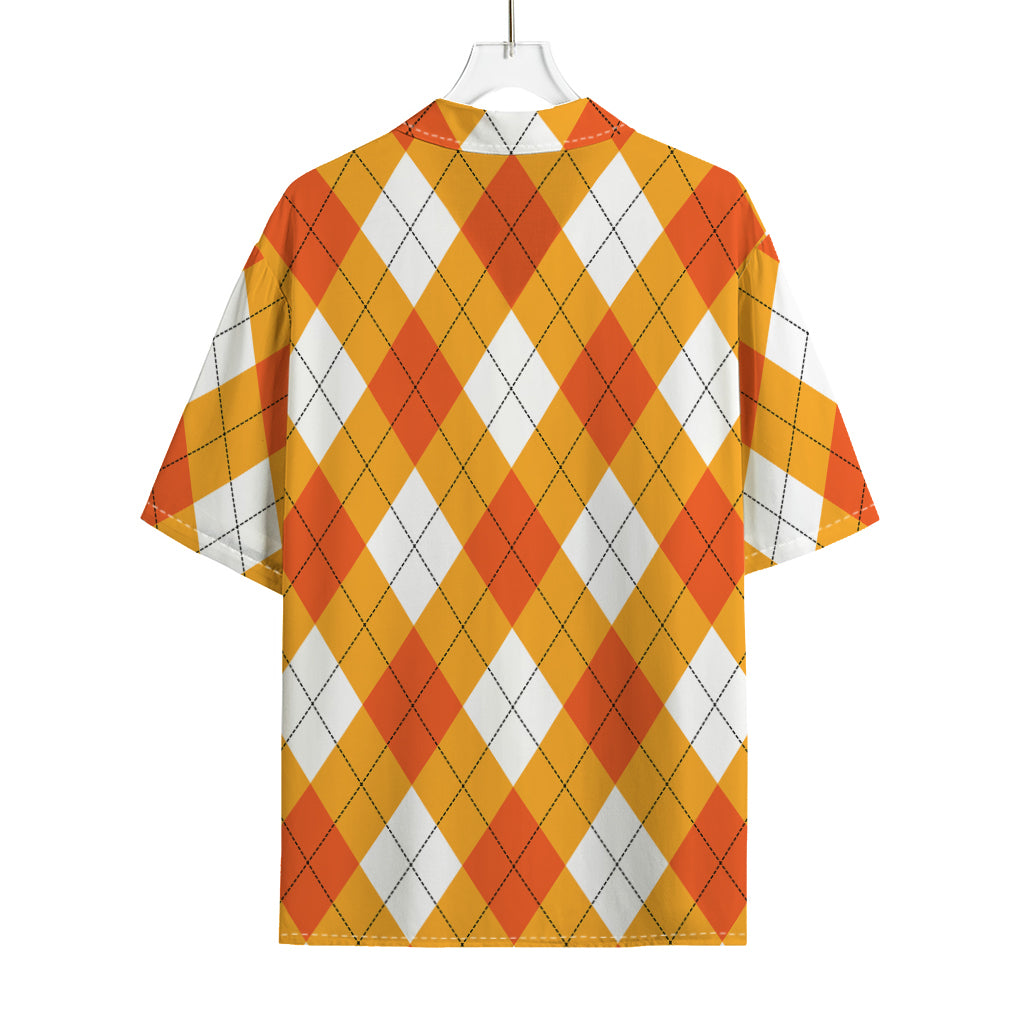 White And Orange Argyle Pattern Print Rayon Hawaiian Shirt