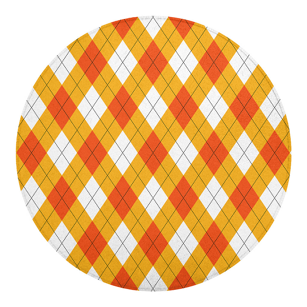 White And Orange Argyle Pattern Print Round Blanket