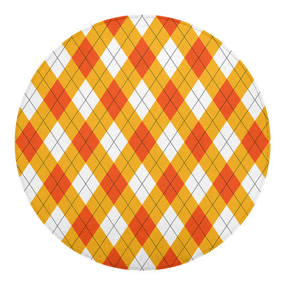 White And Orange Argyle Pattern Print Round Blanket
