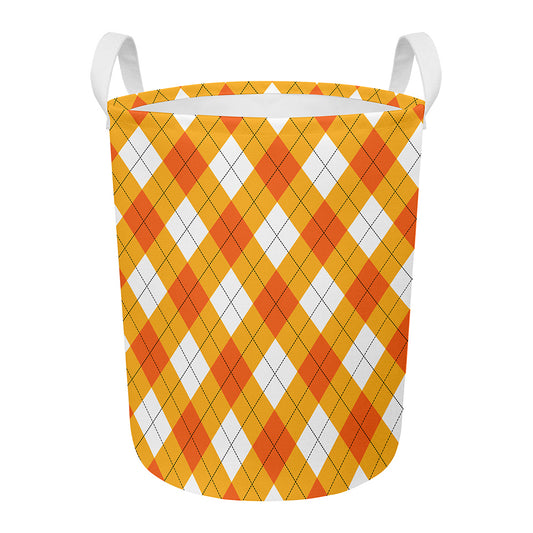 White And Orange Argyle Pattern Print Round Laundry Basket