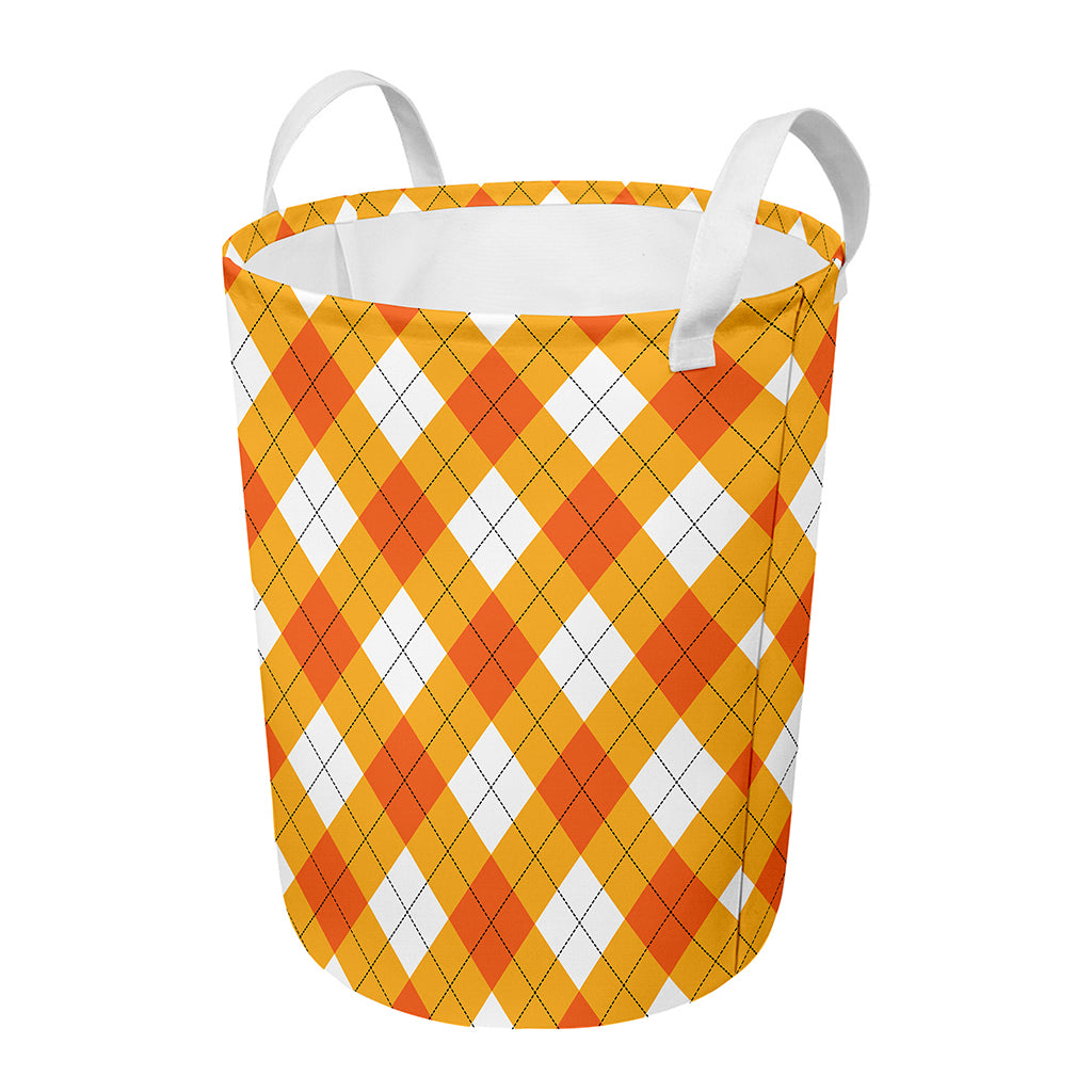 White And Orange Argyle Pattern Print Round Laundry Basket