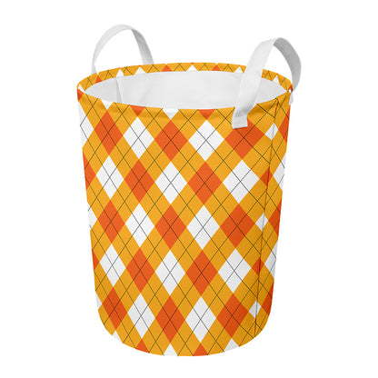 White And Orange Argyle Pattern Print Round Laundry Basket