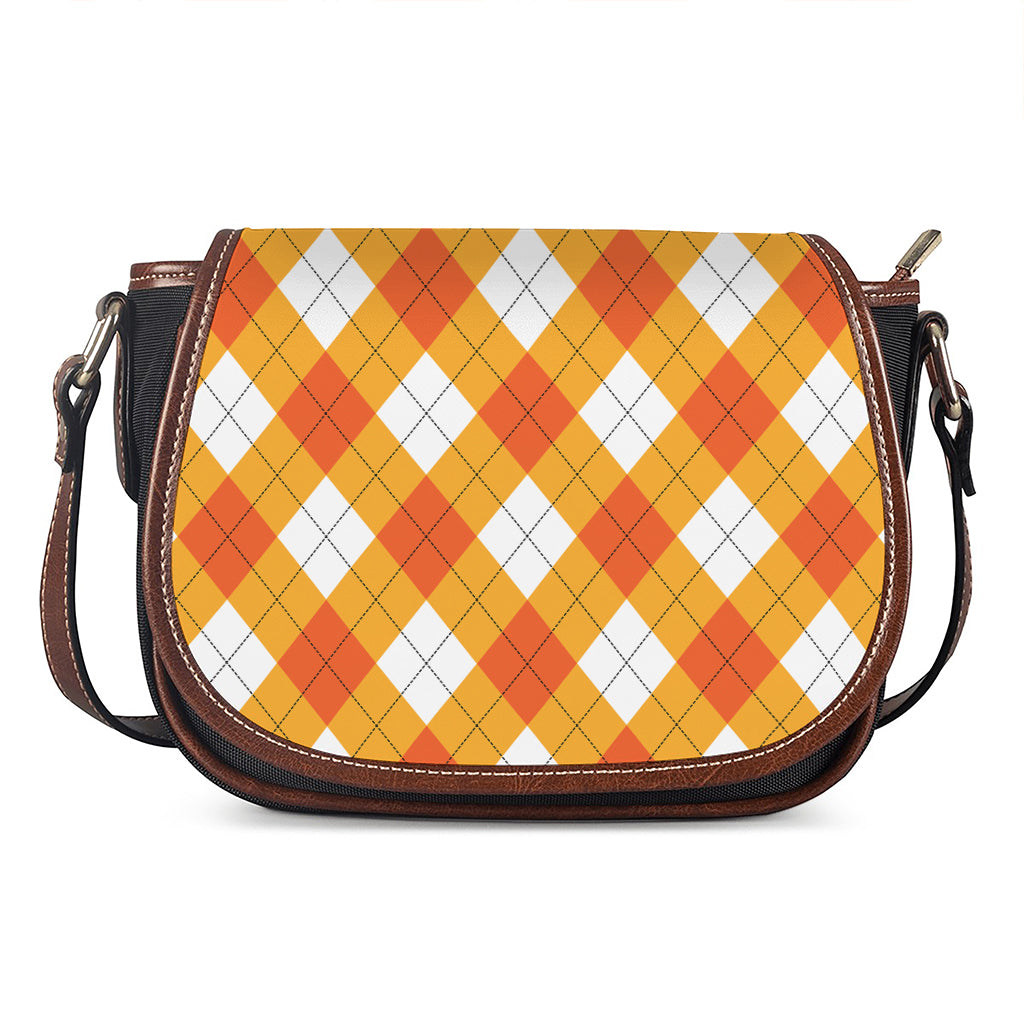 White And Orange Argyle Pattern Print Saddle Bag