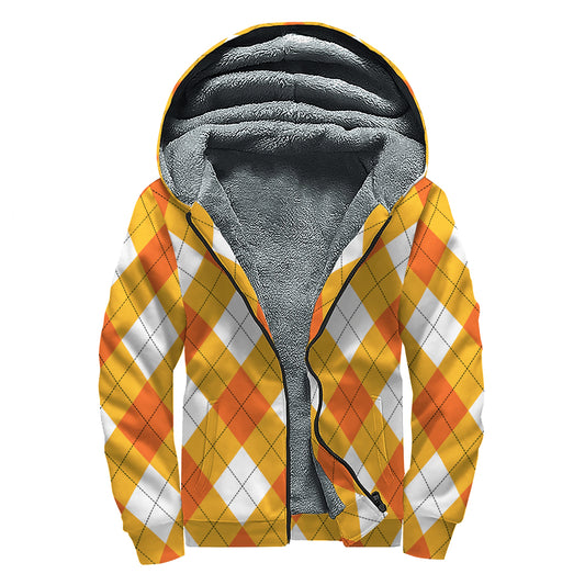 White And Orange Argyle Pattern Print Sherpa Lined Zip Up Hoodie