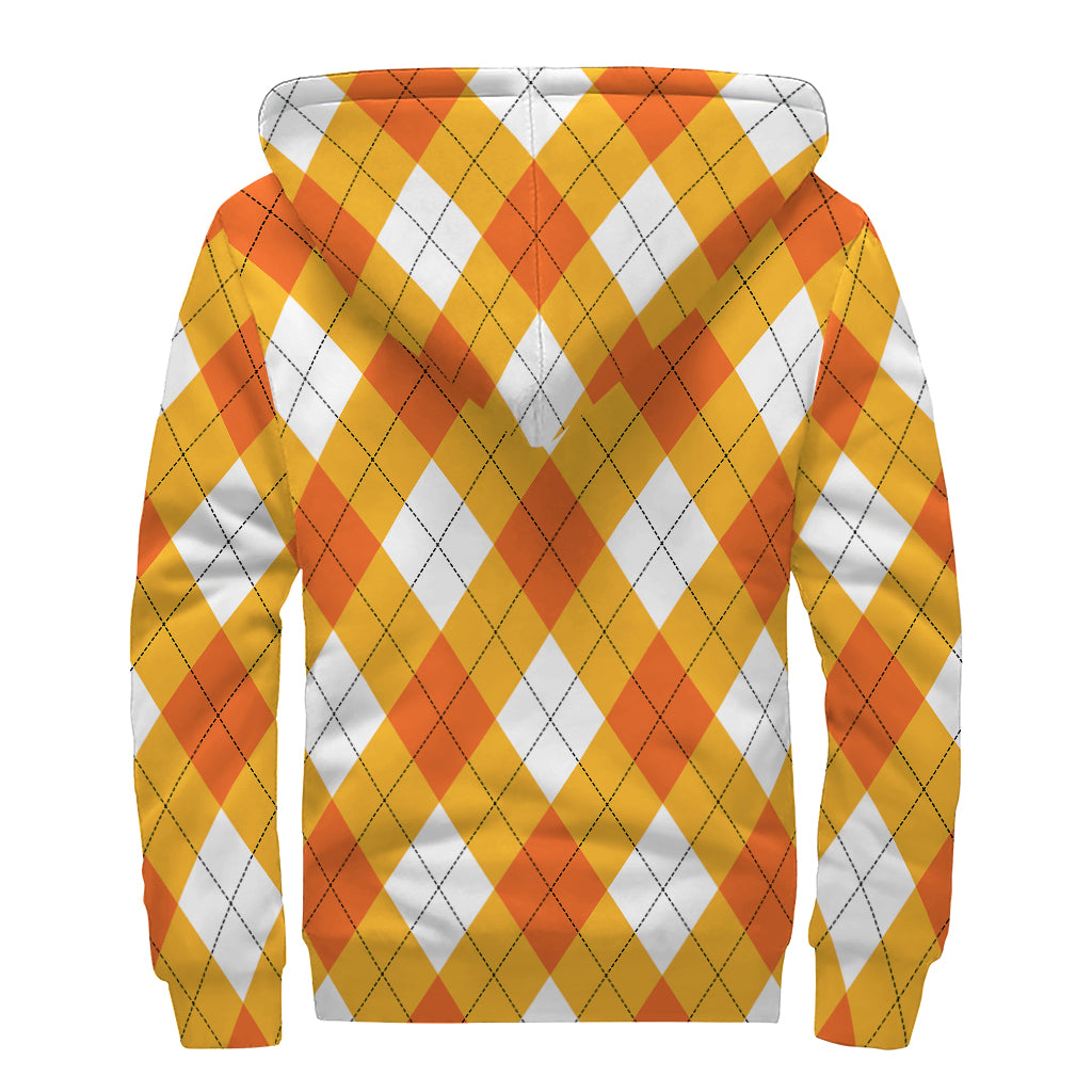 White And Orange Argyle Pattern Print Sherpa Lined Zip Up Hoodie