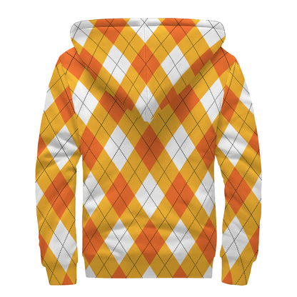 White And Orange Argyle Pattern Print Sherpa Lined Zip Up Hoodie