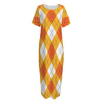 White And Orange Argyle Pattern Print Short Sleeve Long Nightdress