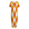 White And Orange Argyle Pattern Print Short Sleeve Long Nightdress