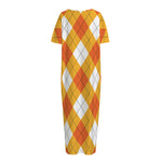 White And Orange Argyle Pattern Print Short Sleeve Long Nightdress