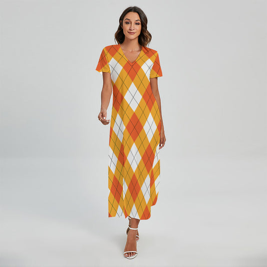 White And Orange Argyle Pattern Print Short Sleeve Maxi Dress