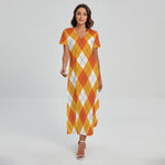 White And Orange Argyle Pattern Print Short Sleeve Maxi Dress
