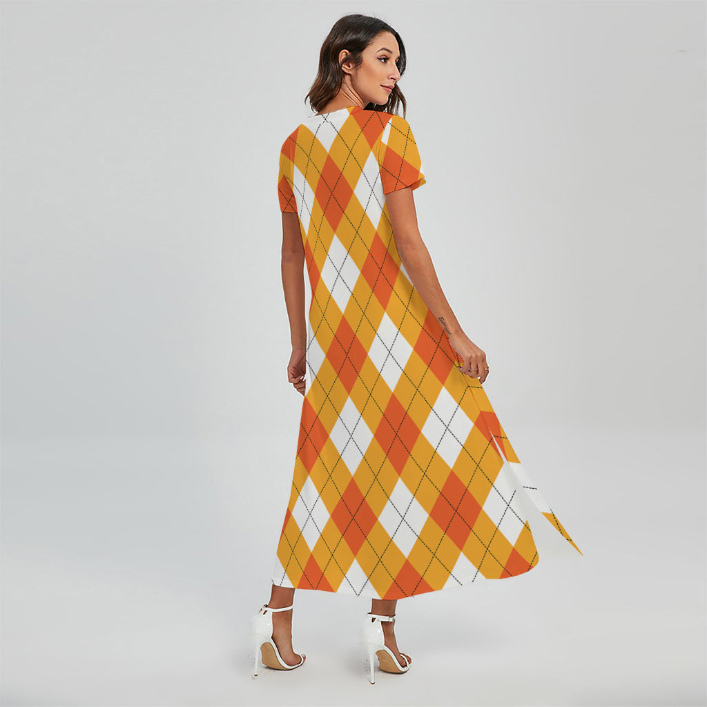 White And Orange Argyle Pattern Print Short Sleeve Maxi Dress