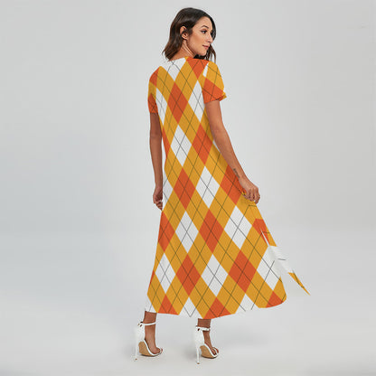 White And Orange Argyle Pattern Print Short Sleeve Maxi Dress