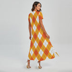 White And Orange Argyle Pattern Print Short Sleeve Maxi Dress