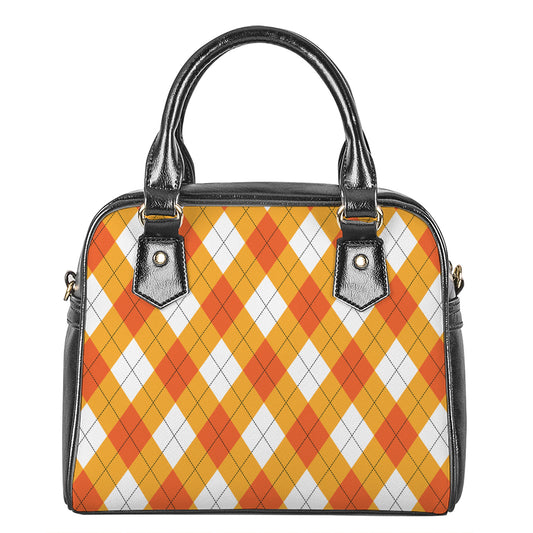 White And Orange Argyle Pattern Print Shoulder Handbag