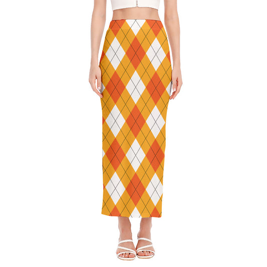 White And Orange Argyle Pattern Print Side Slit Maxi Skirt