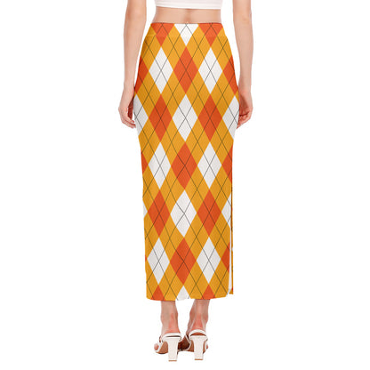 White And Orange Argyle Pattern Print Side Slit Maxi Skirt