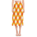 White And Orange Argyle Pattern Print Side Slit Midi Skirt