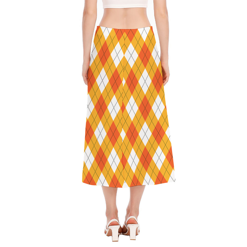 White And Orange Argyle Pattern Print Side Slit Midi Skirt