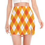 White And Orange Argyle Pattern Print Side Slit Mini Skirt