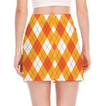 White And Orange Argyle Pattern Print Side Slit Mini Skirt