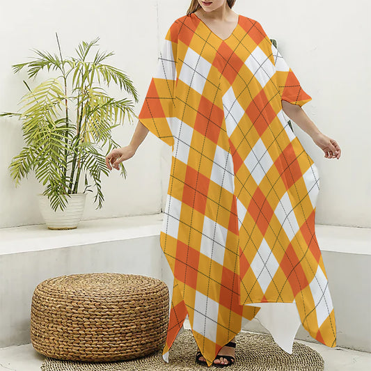 White And Orange Argyle Pattern Print Silk V-Neck Kaftan Dress