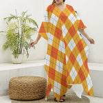 White And Orange Argyle Pattern Print Silk V-Neck Kaftan Dress