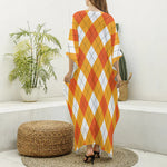 White And Orange Argyle Pattern Print Silk V-Neck Kaftan Dress