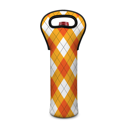 White And Orange Argyle Pattern Print Single Neoprene Wine Tote