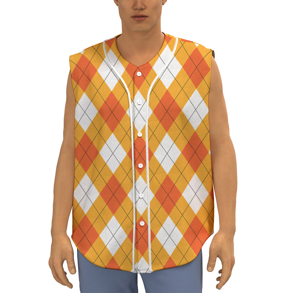 White And Orange Argyle Pattern Print Sleeveless Baseball Jersey