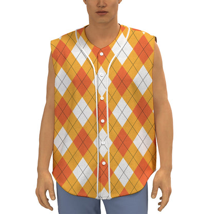 White And Orange Argyle Pattern Print Sleeveless Baseball Jersey