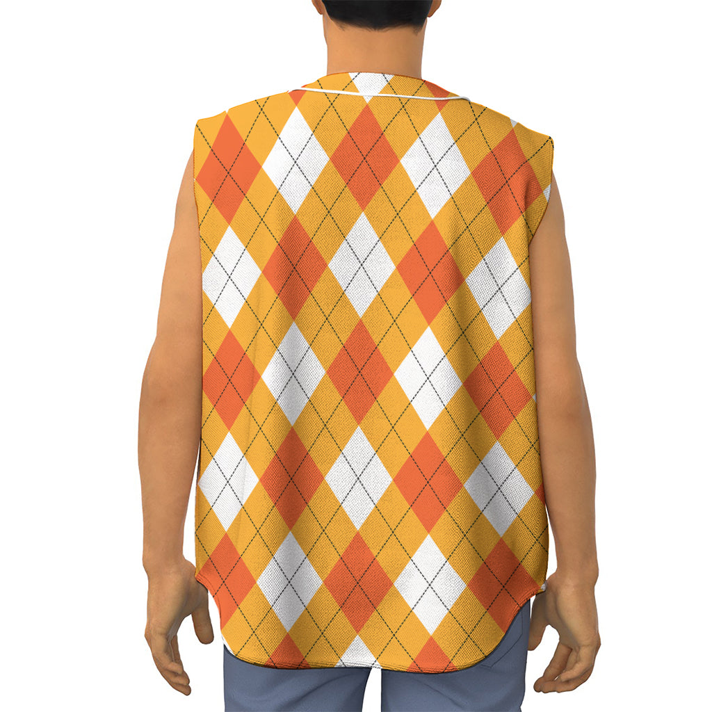 White And Orange Argyle Pattern Print Sleeveless Baseball Jersey