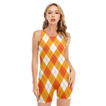 White And Orange Argyle Pattern Print Sleeveless One Piece Swimsuit