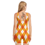 White And Orange Argyle Pattern Print Sleeveless One Piece Swimsuit