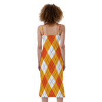 White And Orange Argyle Pattern Print Slim Fit Midi Cami Dress