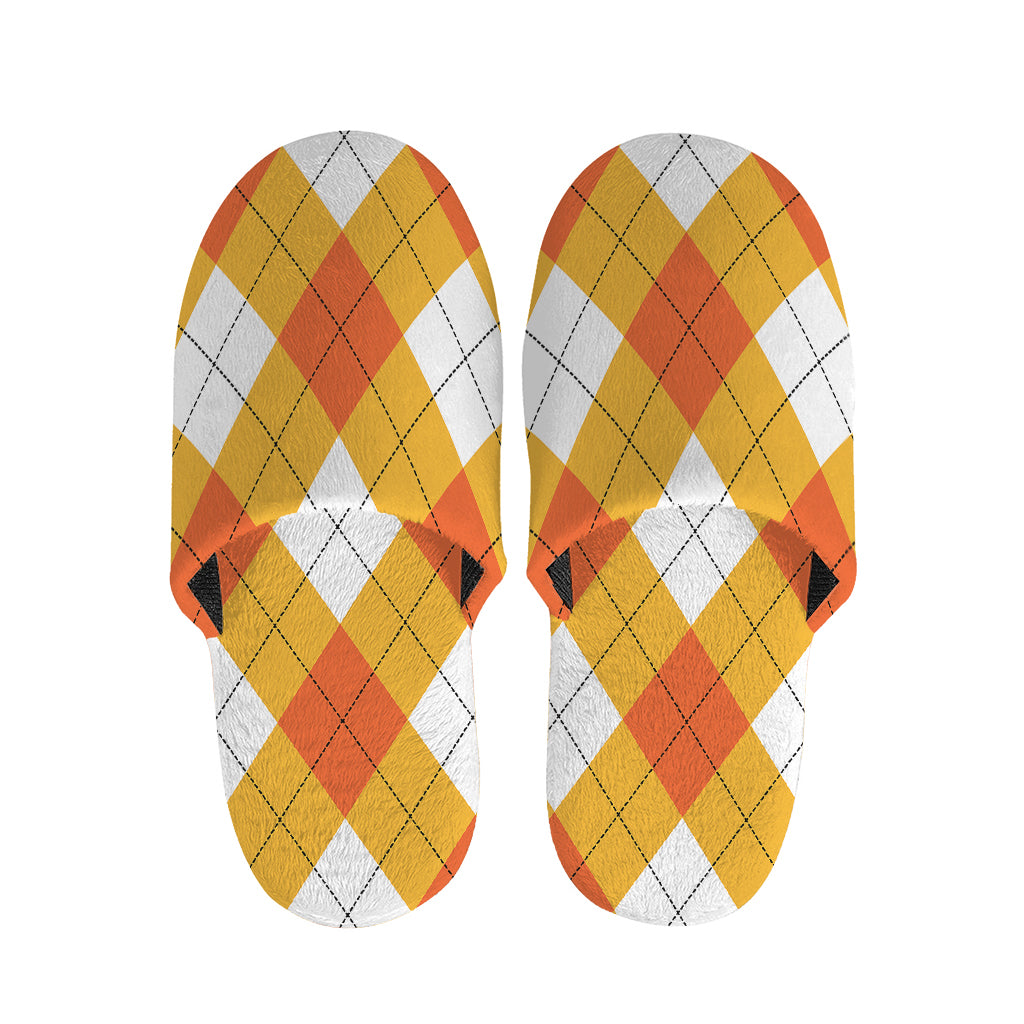 White And Orange Argyle Pattern Print Slippers