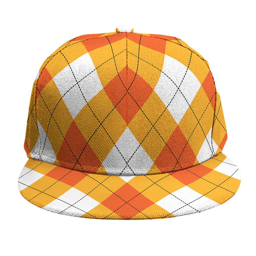 White And Orange Argyle Pattern Print Snapback Cap
