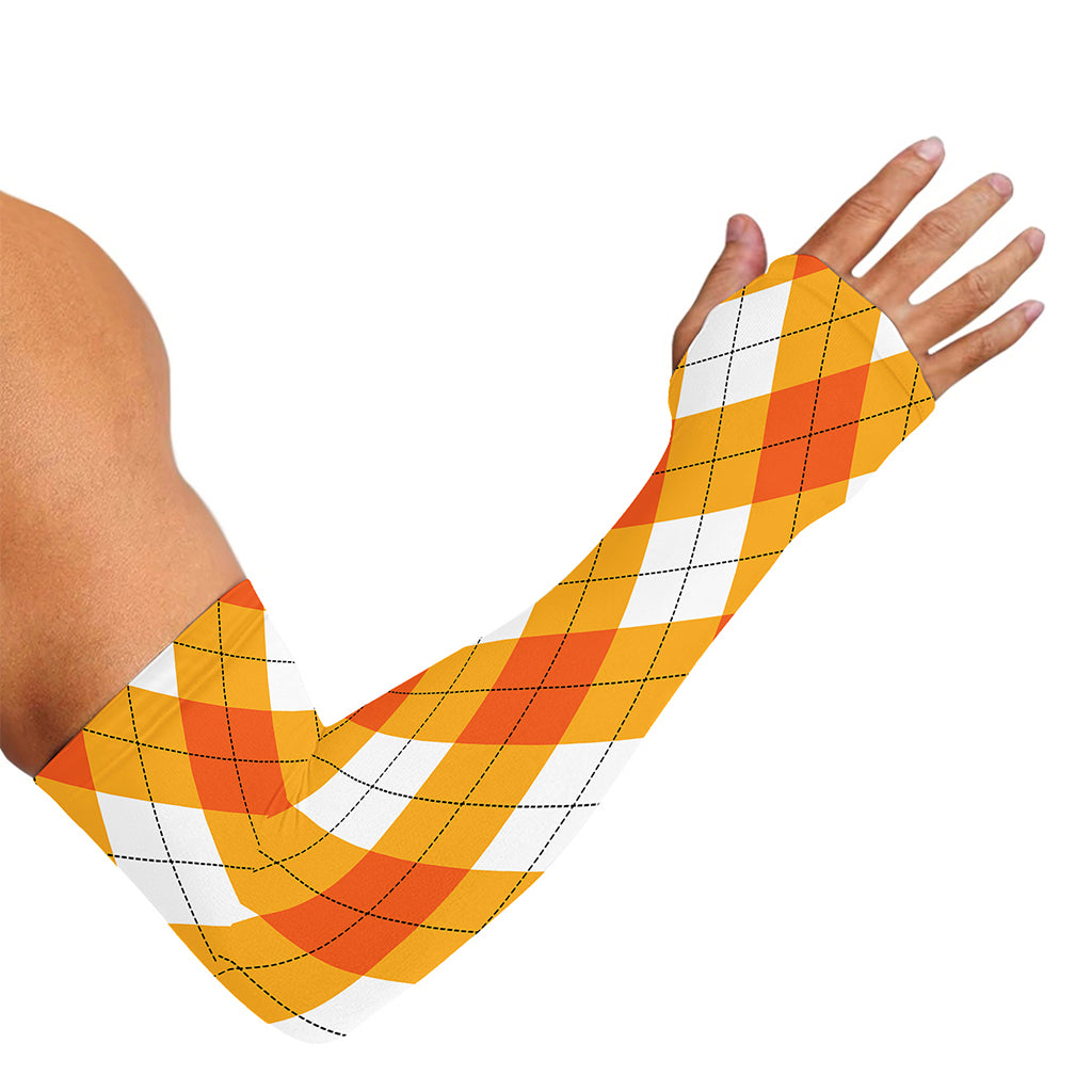 White And Orange Argyle Pattern Print Sun Protection Arm Sleeves