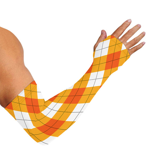White And Orange Argyle Pattern Print Sun Protection Arm Sleeves