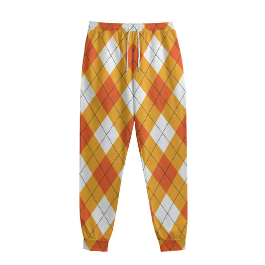 White And Orange Argyle Pattern Print Sweatpants