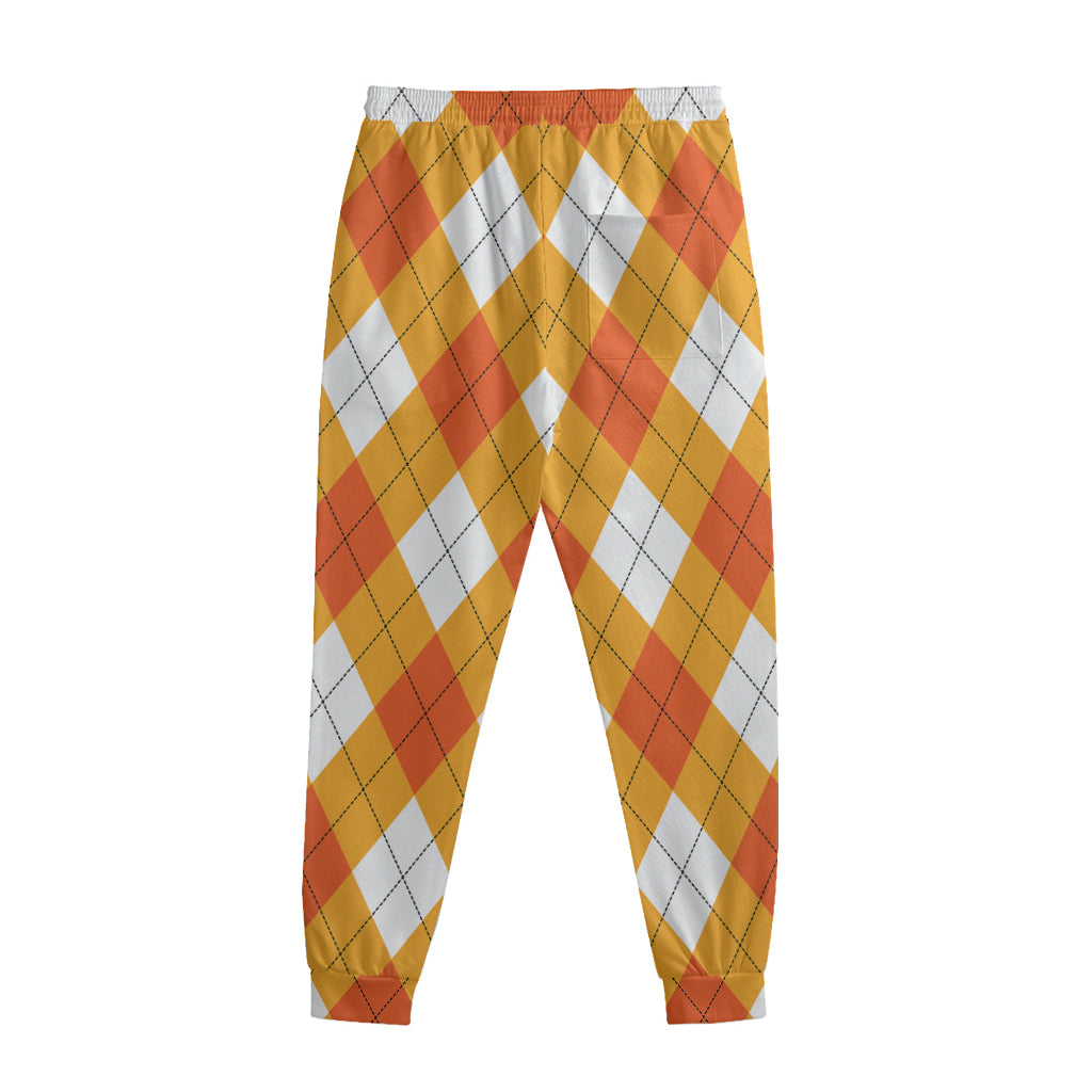 White And Orange Argyle Pattern Print Sweatpants