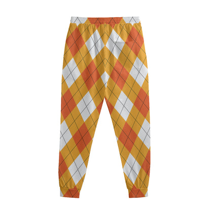 White And Orange Argyle Pattern Print Sweatpants