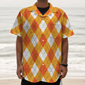 White And Orange Argyle Pattern Print Textured Short Sleeve Shirt