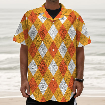 White And Orange Argyle Pattern Print Textured Short Sleeve Shirt