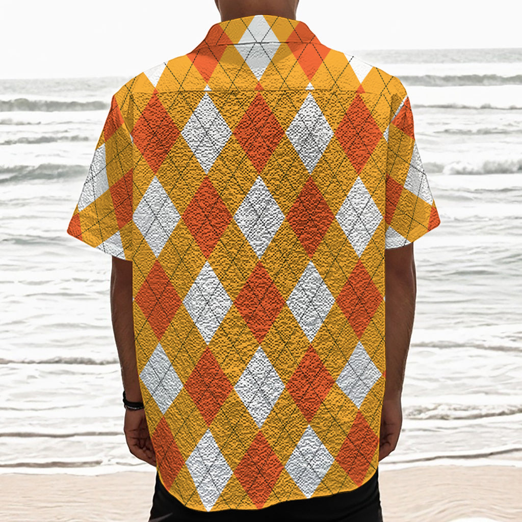 White And Orange Argyle Pattern Print Textured Short Sleeve Shirt