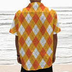 White And Orange Argyle Pattern Print Textured Short Sleeve Shirt