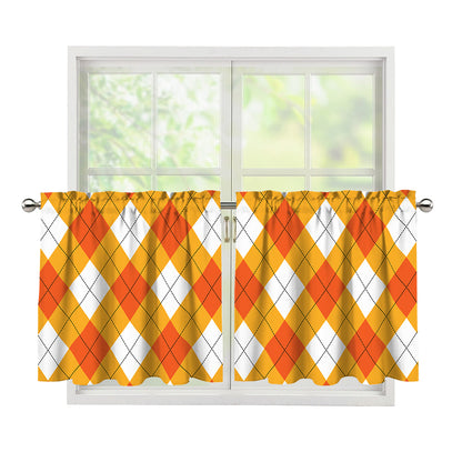 White And Orange Argyle Pattern Print Tier Curtains