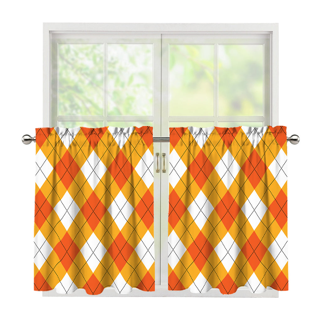 White And Orange Argyle Pattern Print Tier Curtains