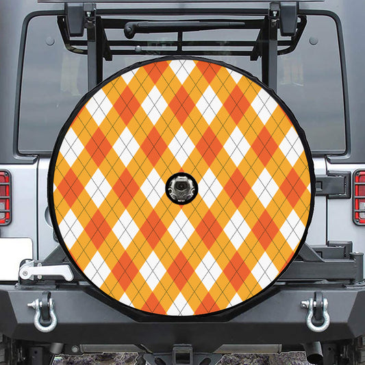 White And Orange Argyle Pattern Print Tire Cover With Camera Hole