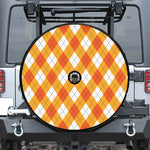 White And Orange Argyle Pattern Print Tire Cover With Camera Hole